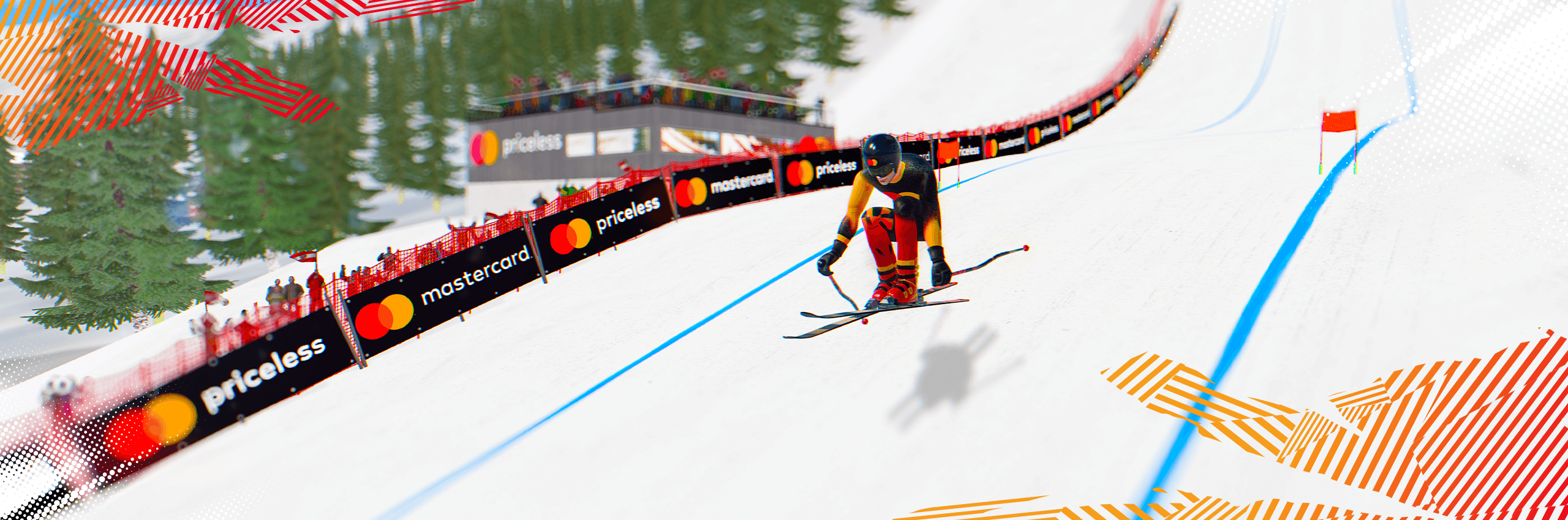 SC-10636 Mastercard Website Header Image 2560×850.png_ Ski Challenge racer passing Mastercard branded trackside banners
