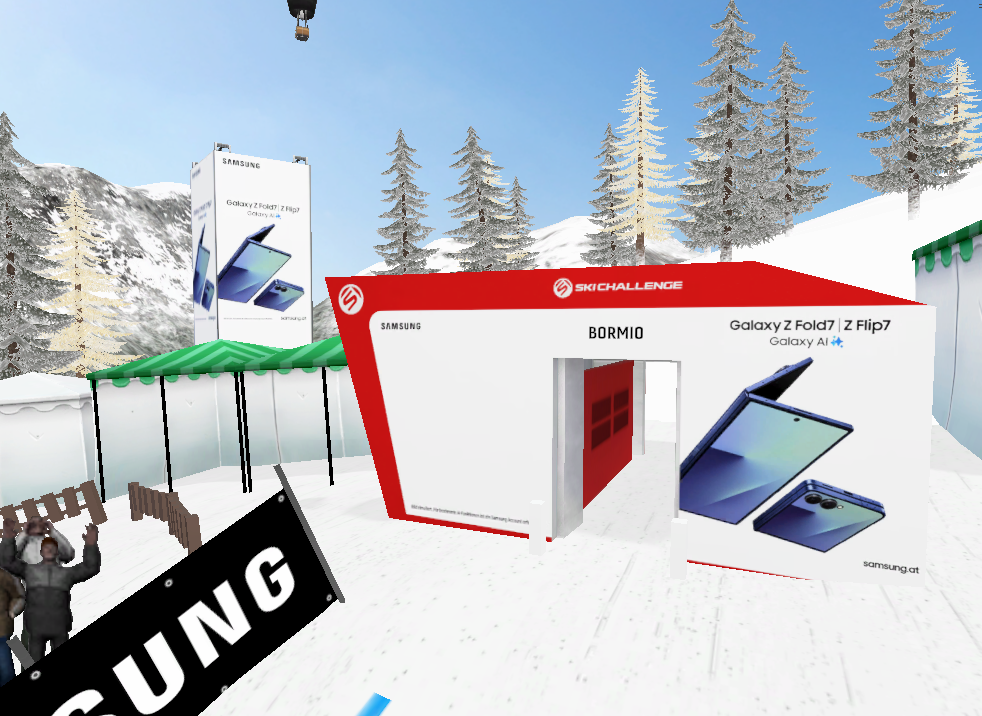 Samsung product sponsorship at the Bormio start house Samsung Galaxy Z Fold7 and Z Flip7 product branding on the Bormio start house in Ski Challenge