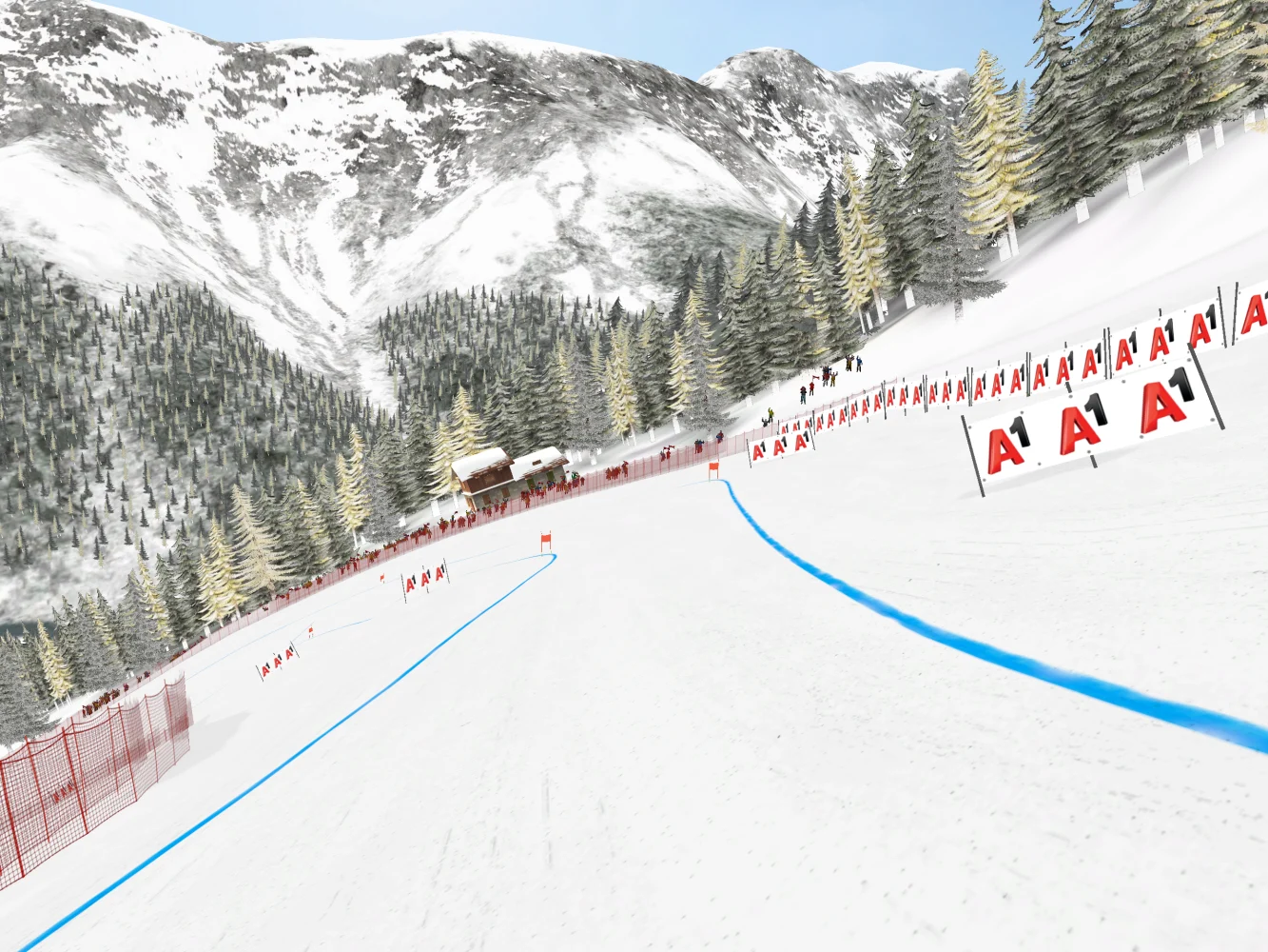 A1 branded banners beside a snowy racing course