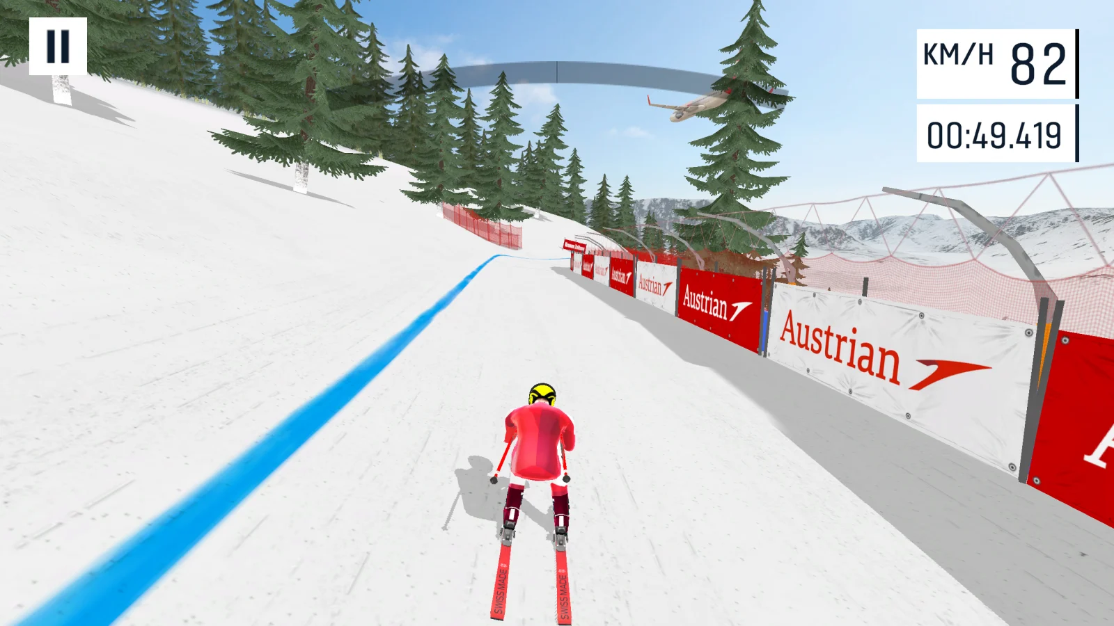 Ski Challenge gameplay with Austrian Airlines banners and an aircraft overhead