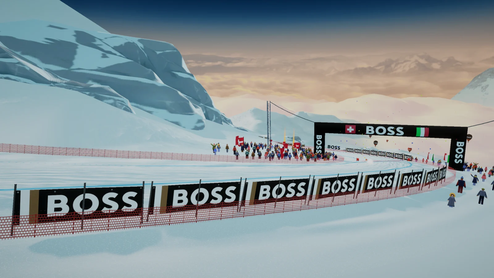 BOSS branded arch and trackside structures on a snowy course