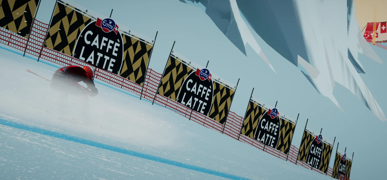 A skier racing beside Emmi Caffè Latte banners