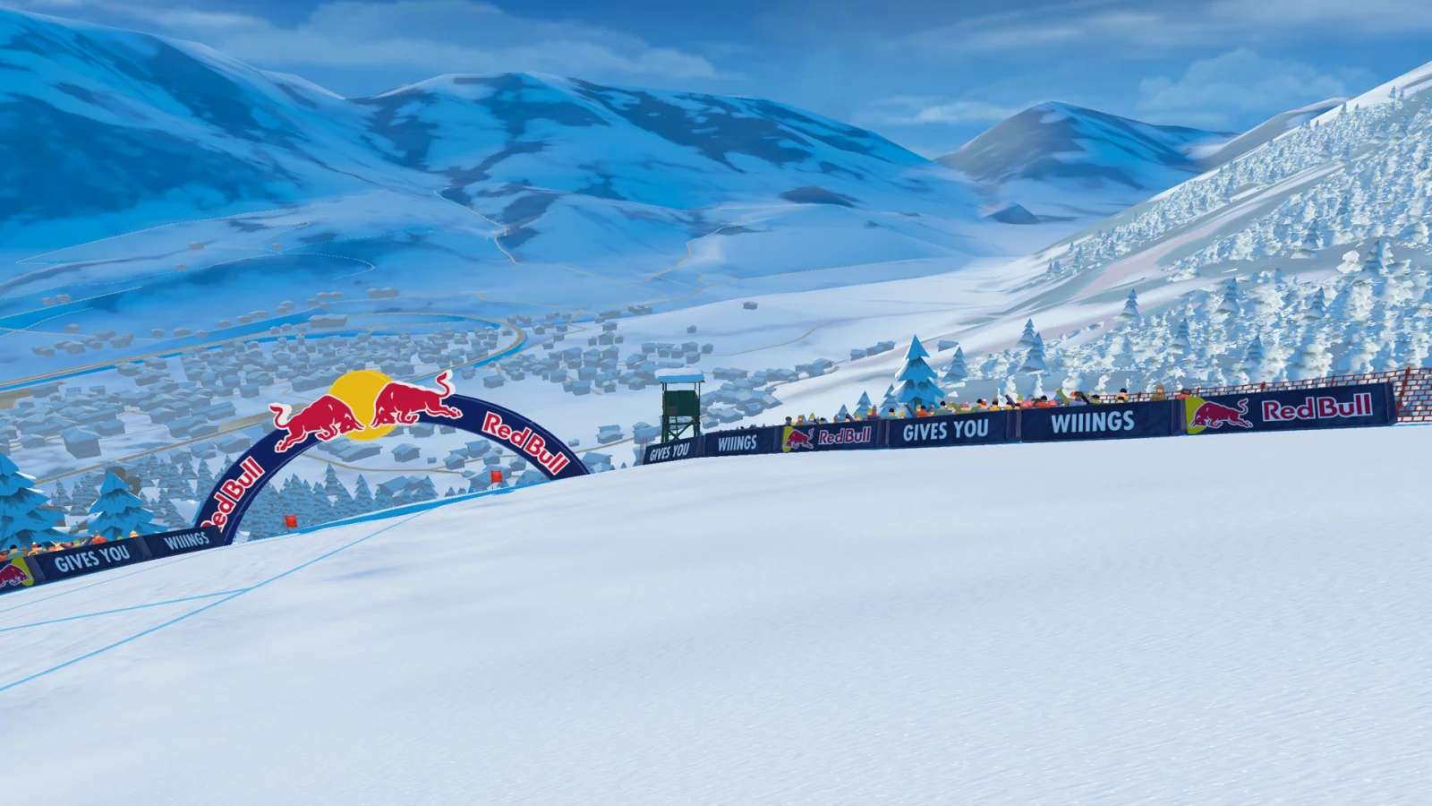 Red Bull arch and advertising banners along a Ski Challenge course