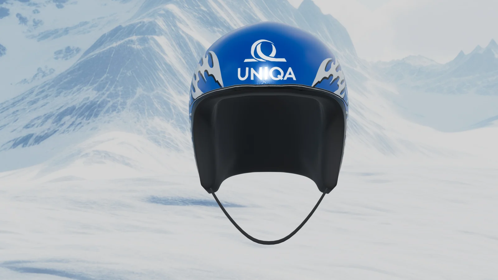 Front view of a blue UNIQA branded ski helmet