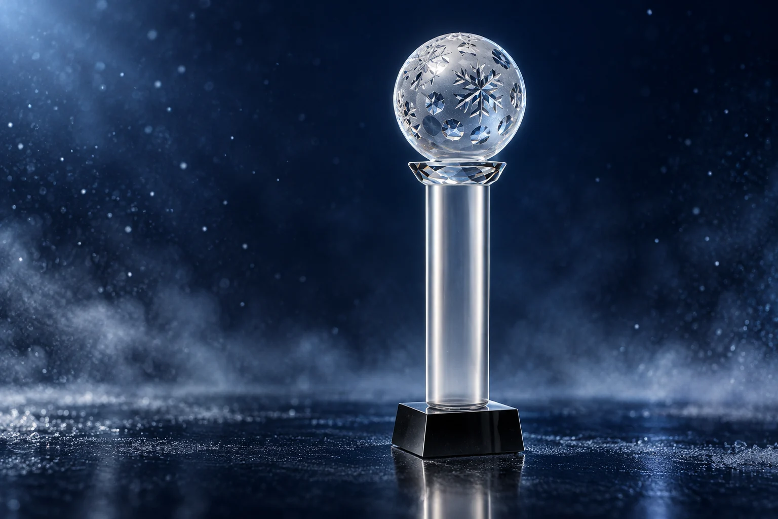 Crystal snowflake trophy for the overall World Cup Pro winner against a dark winter backdrop